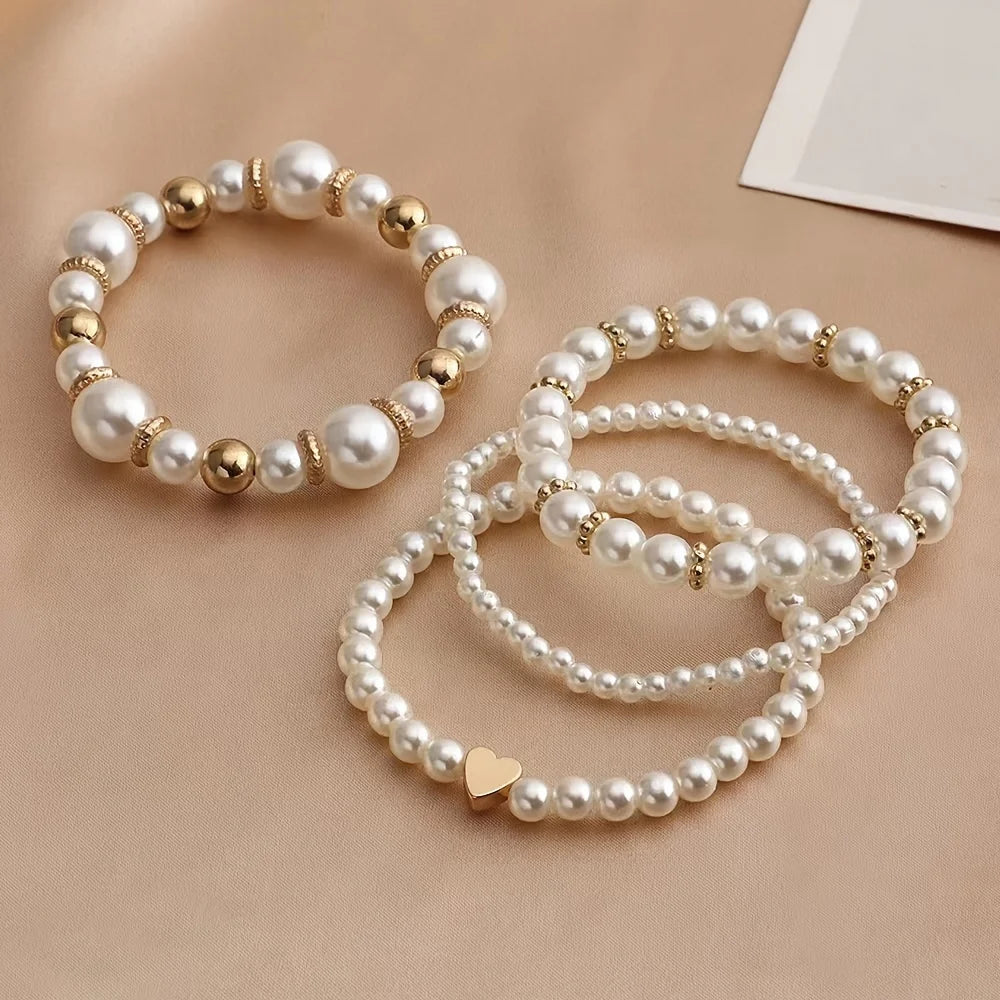 Set of 4 Simple Pearl Bracelets Unisex - Minimalist Faux Pearl Style