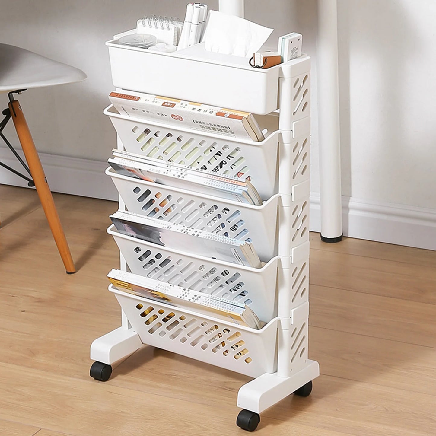 Mobile 5-Tier Rotating Bookcase - Cart Storage Books Large Capacity