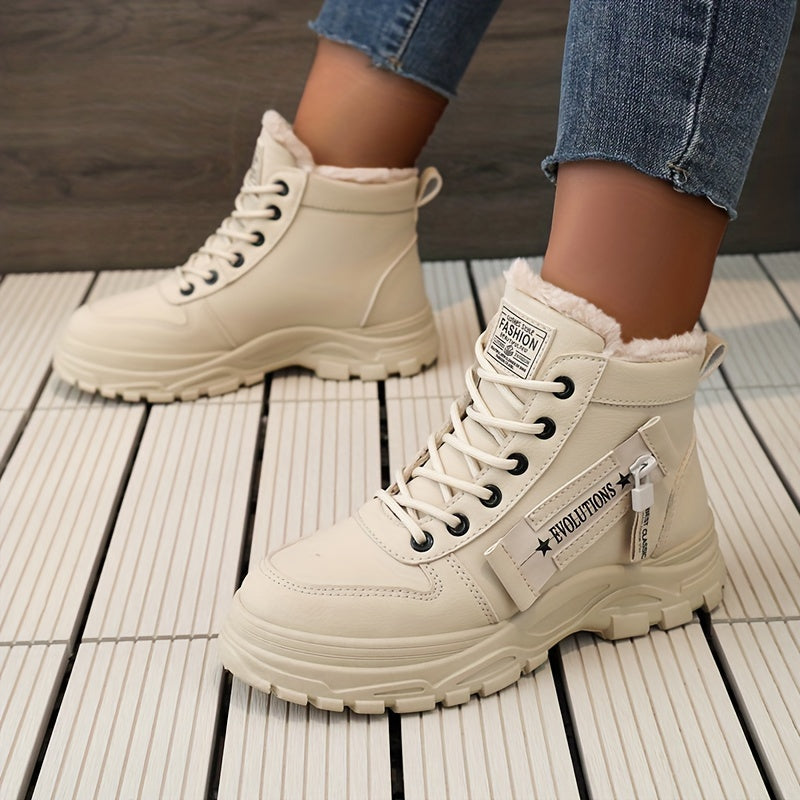 Boots Winter Women's Fleece-Lined - Ankle Boots Warm Thick Sole Lace-Up