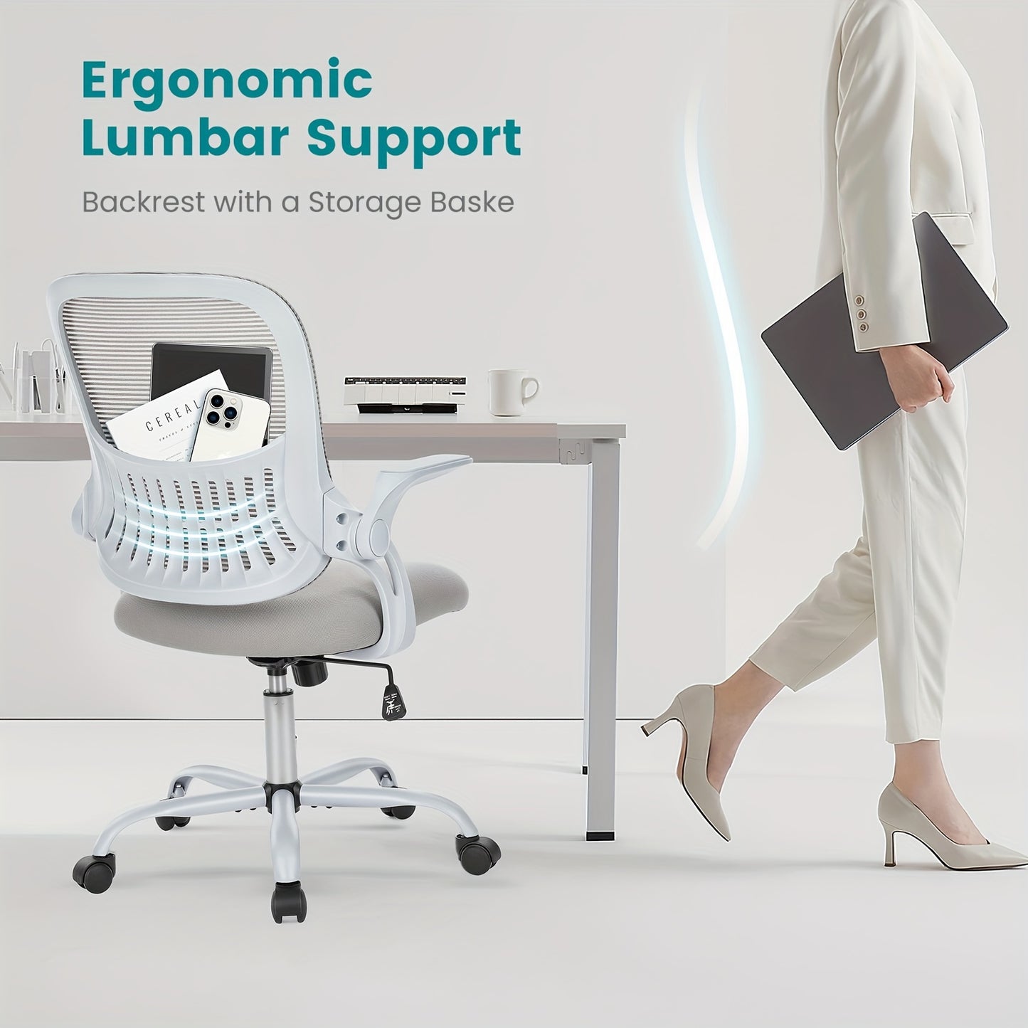 Ergonomic Mesh Office Chair on Wheels - Lumbar Support Armrests Rotating