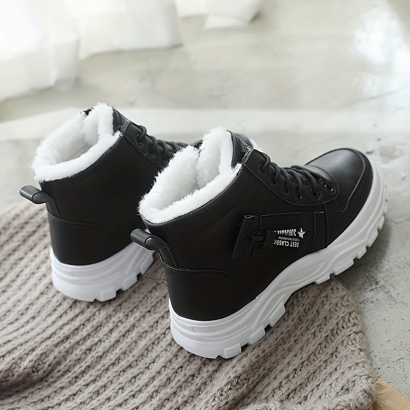 Boots Winter Women's Fleece-Lined - Ankle Boots Warm Thick Sole Lace-Up