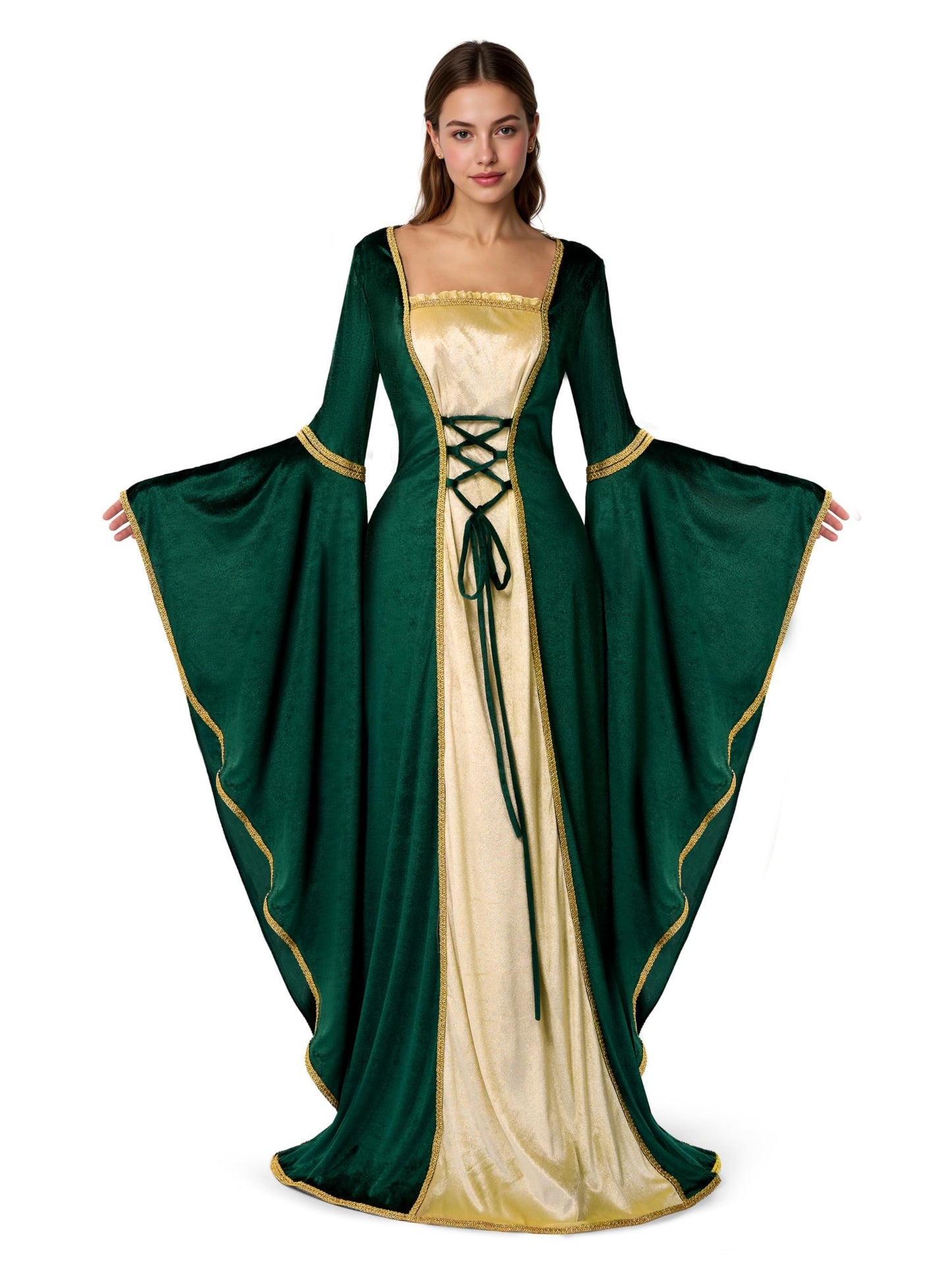 Dress Renaissance Irish Green - Costume Medieval Square Neckline