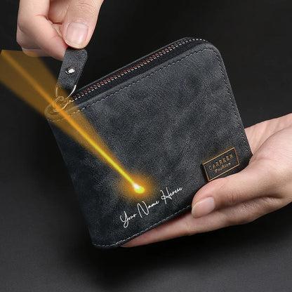 Men's Engraved Name Wallet Zipper - Coin Purse Cards Fathers Day Gift