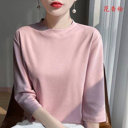 T-Shirt Women's 100% Cotton Mock Neck Short Sleeve - Loose Summer Fall