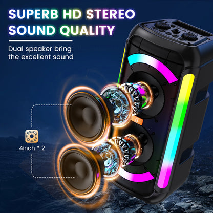 Wireless Karaoke Speaker 2 Mics - DJ Lights Powerful Bass