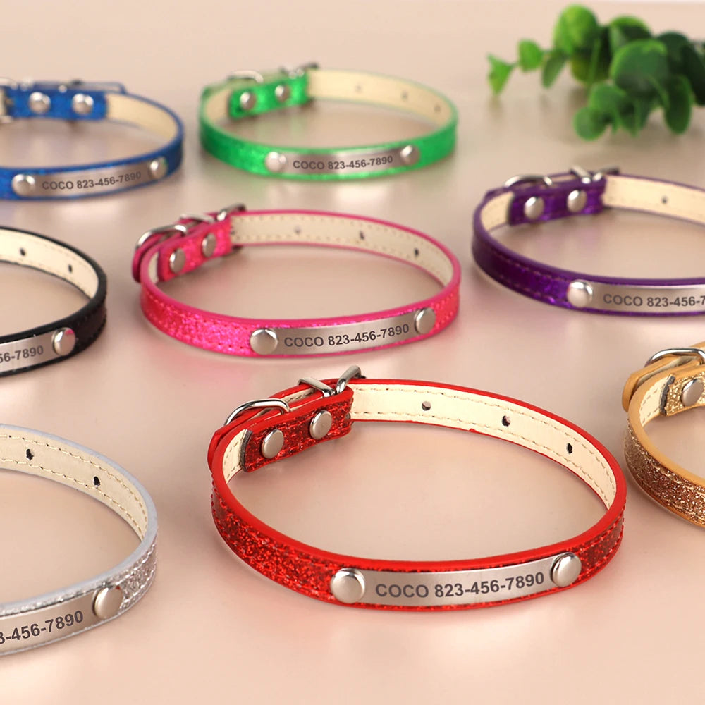 Cat Collar Personalized Leather Free Engraving - ID Kitten Dog Bling