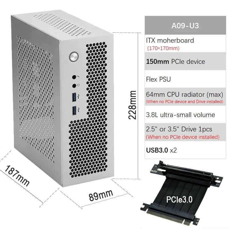 ITX Case A09 3.8L Mini PC HTPC - Holder PCIe SSD 2.5'' Portable