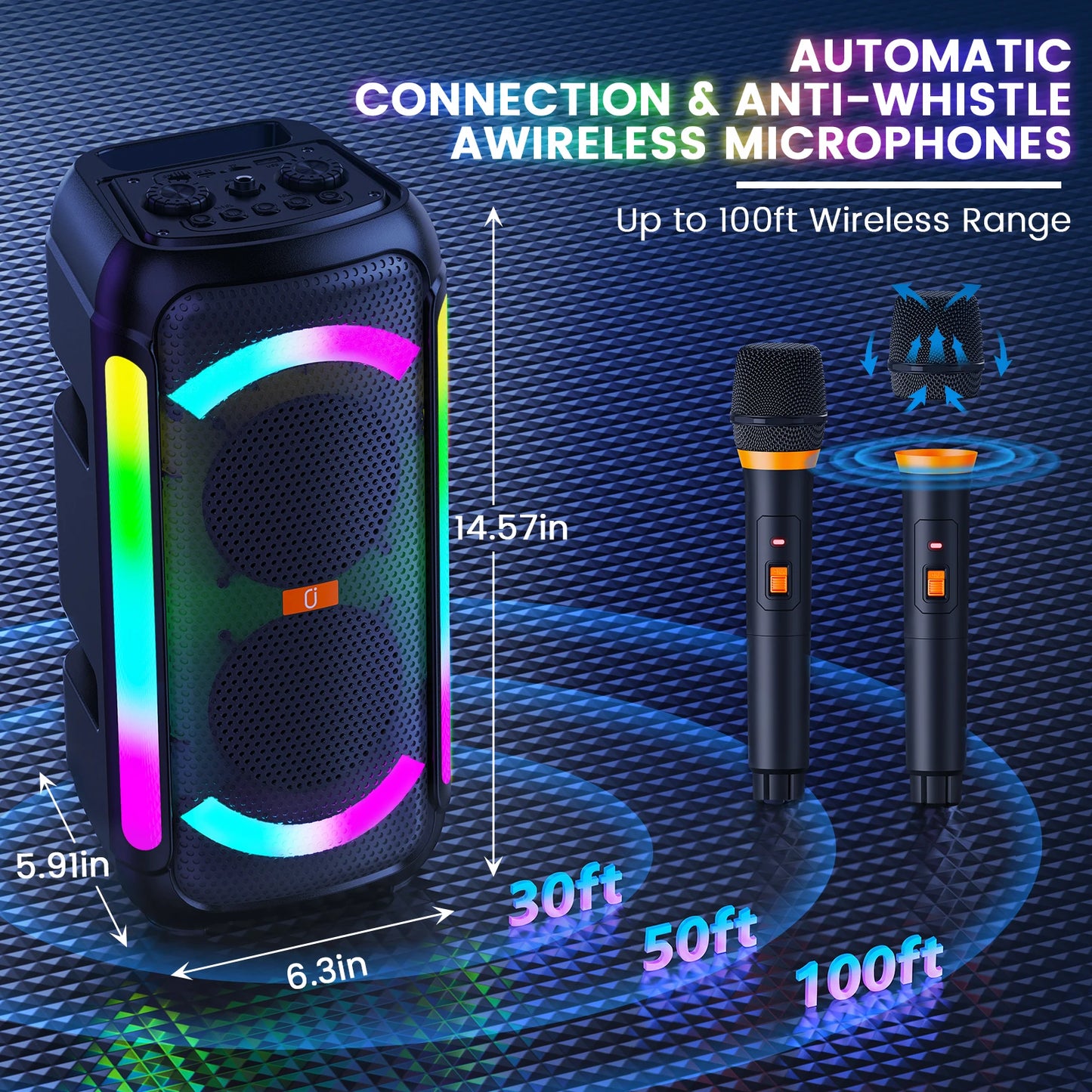 Wireless Karaoke Speaker 2 Mics - DJ Lights Powerful Bass