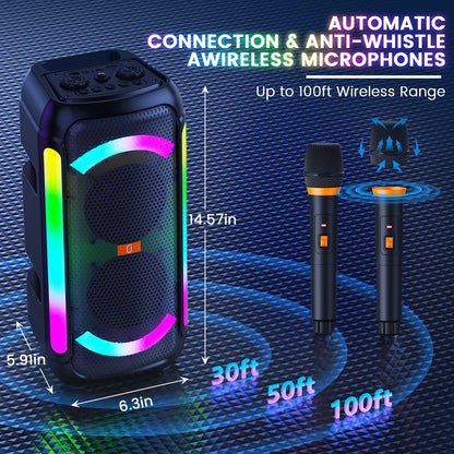 Wireless Karaoke Speaker 2 Mics - DJ Lights Powerful Bass