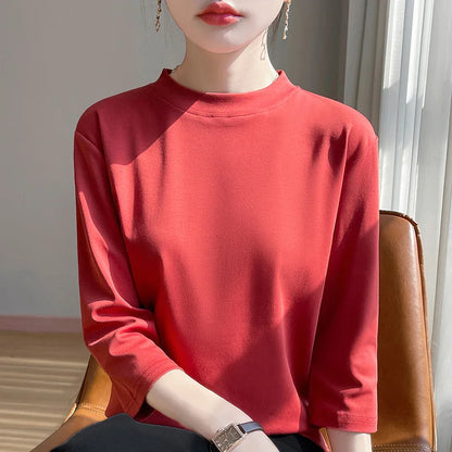 T-Shirt Women's 100% Cotton Mock Neck Short Sleeve - Loose Summer Fall