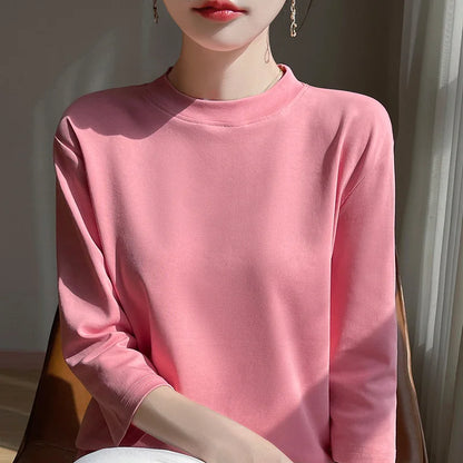 T-Shirt Women's 100% Cotton Mock Neck Short Sleeve - Loose Summer Fall