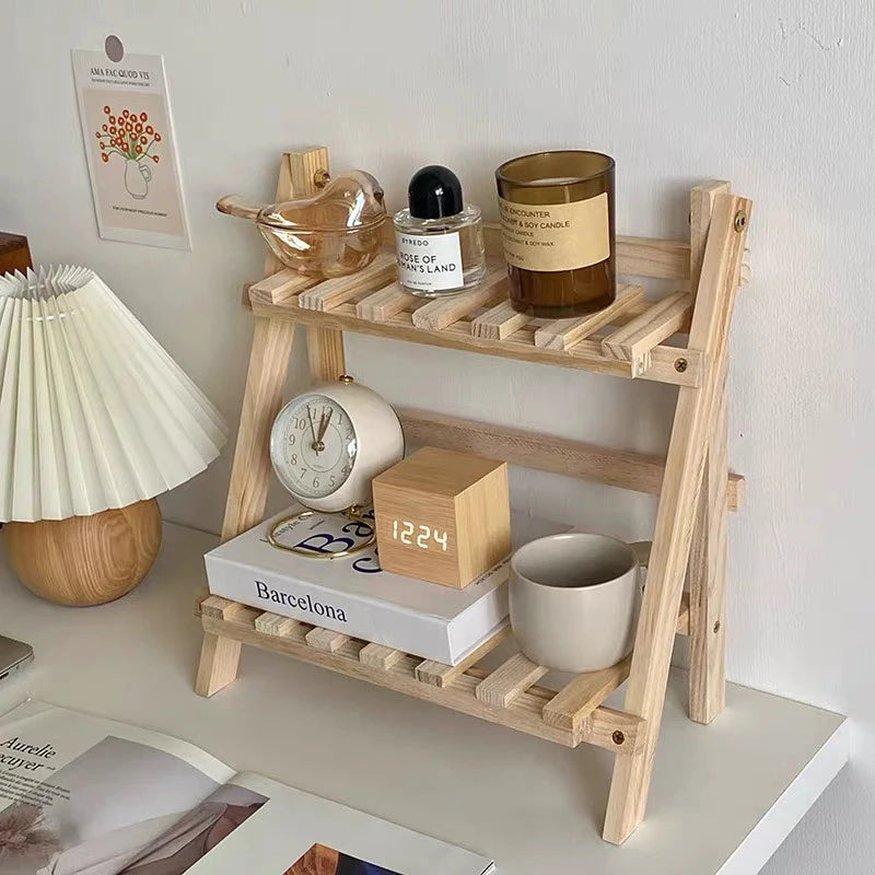 Double Foldable Wood Corner Shelf - Storage Multifunctional Bedroom Decor