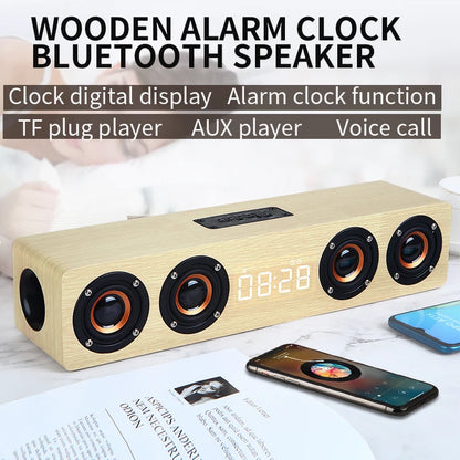 Bluetooth Alarm Clock Wood Speaker - Wireless 5.0 FM AUX TF