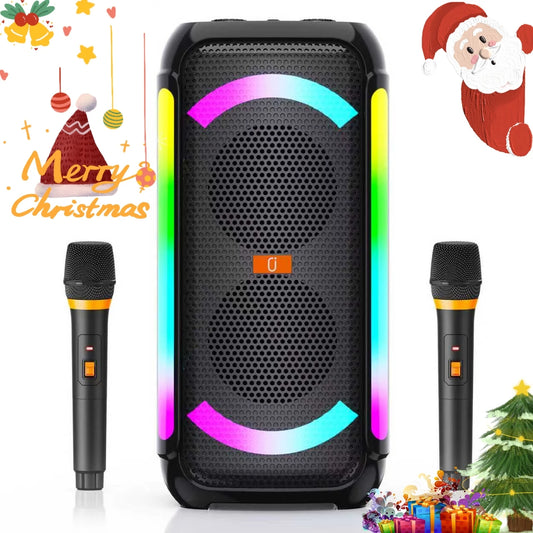 Wireless Karaoke Speaker 2 Mics - DJ Lights Powerful Bass