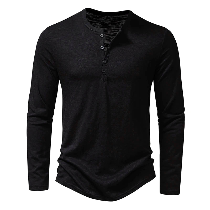 Henley T-Shirt Men's Cotton Long Sleeve - Button Collar Casual Breathable
