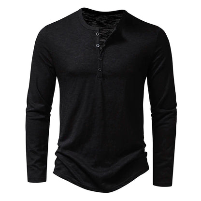 Henley T-Shirt Men's Cotton Long Sleeve - Button Collar Casual Breathable