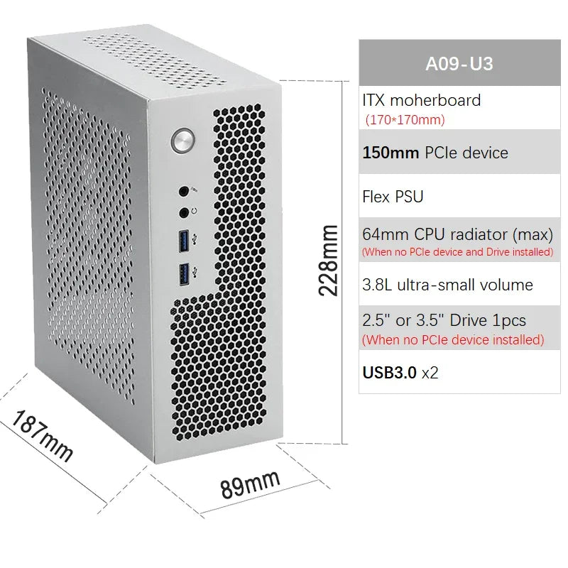 ITX Case A09 3.8L Mini PC HTPC - Holder PCIe SSD 2.5'' Portable