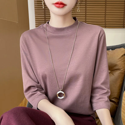 T-Shirt Women's 100% Cotton Mock Neck Short Sleeve - Loose Summer Fall
