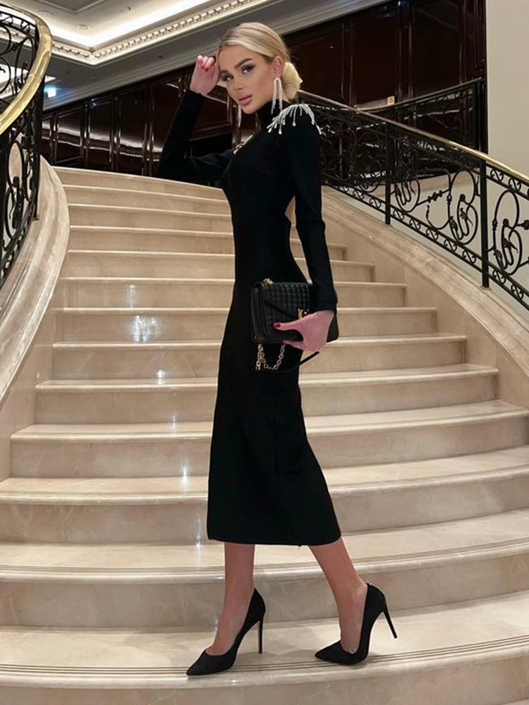 Dress Maxi Women's Cut-Out Open Back High Neck - Bodycon Elegant Slit Evening