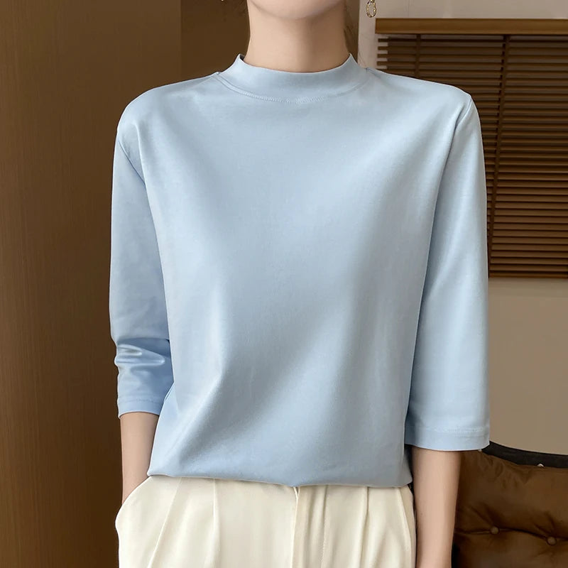 T-Shirt Women's 100% Cotton Mock Neck Short Sleeve - Loose Summer Fall