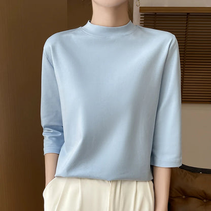T-Shirt Women's 100% Cotton Mock Neck Short Sleeve - Loose Summer Fall