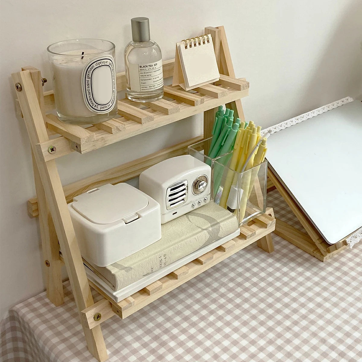 Double Foldable Wood Corner Shelf - Storage Multifunctional Bedroom Decor