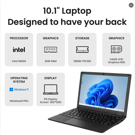 Portable Netbook 10.1'' Windows 11 Quad Core 8GB+128GB - HDMI Webcam