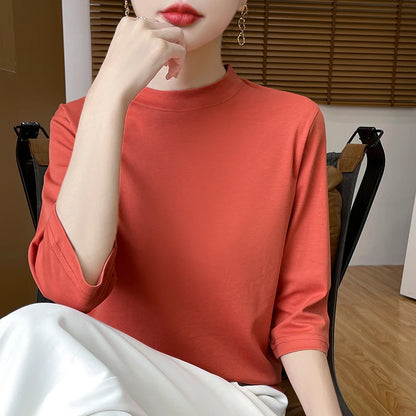 T-Shirt Women's 100% Cotton Mock Neck Short Sleeve - Loose Summer Fall