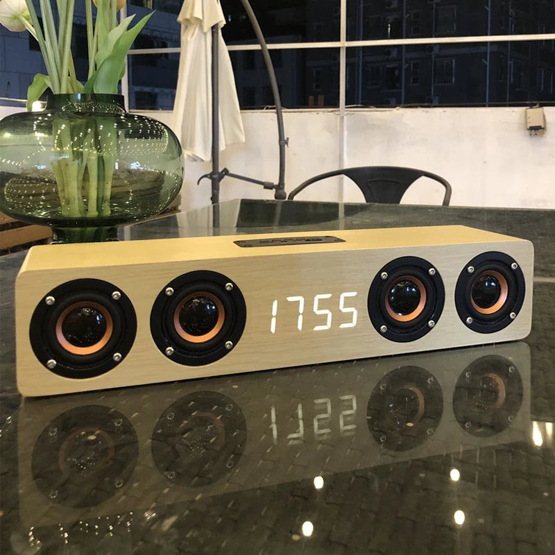 Bluetooth Alarm Clock Wood Speaker - Wireless 5.0 FM AUX TF