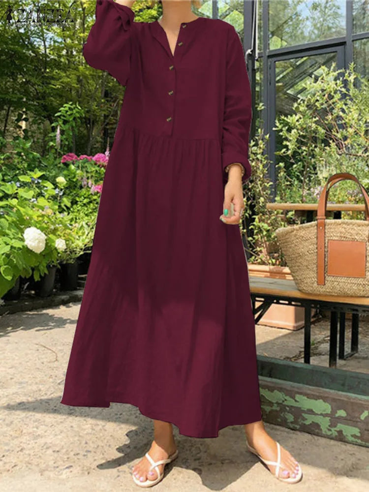 Dress Maxi Women's Cotton Bohemian ZANZEA - Shirt Long Long Sleeve Fall