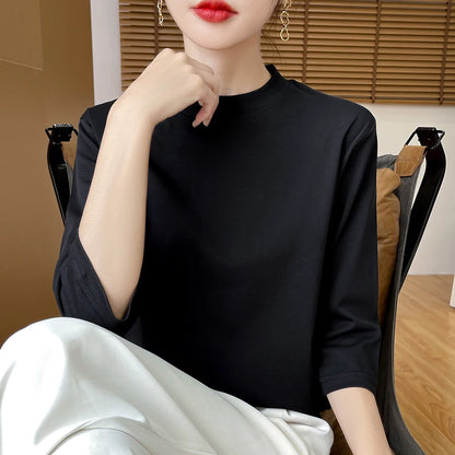 T-Shirt Women's 100% Cotton Mock Neck Short Sleeve - Loose Summer Fall