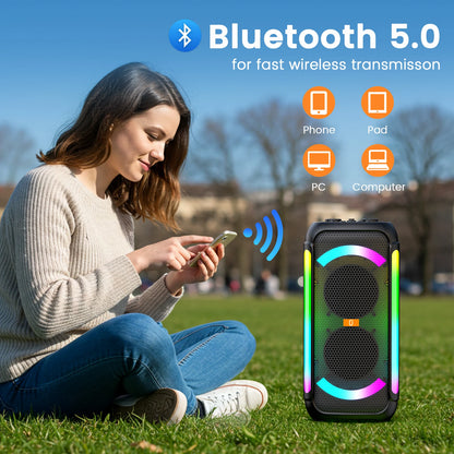Wireless Karaoke Speaker 2 Mics - DJ Lights Powerful Bass