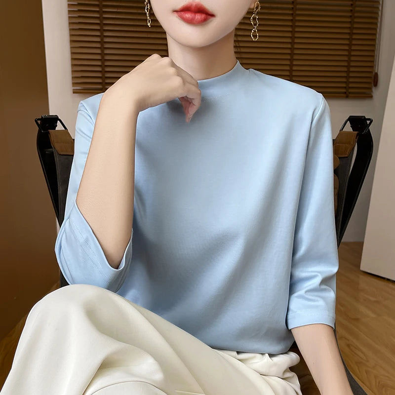 T-Shirt Women's 100% Cotton Mock Neck Short Sleeve - Loose Summer Fall