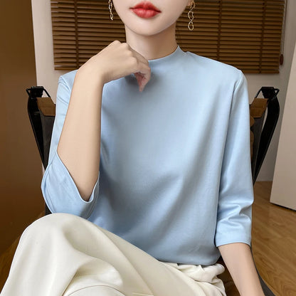 T-Shirt Women's 100% Cotton Mock Neck Short Sleeve - Loose Summer Fall