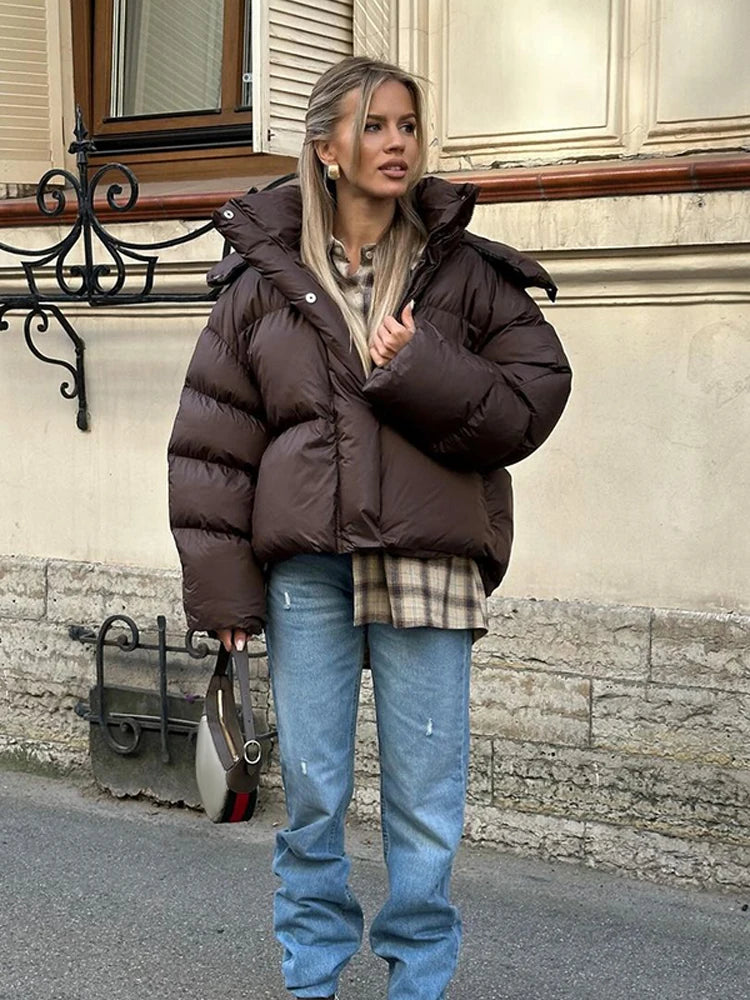 Jacket Short Women's Cotton Hooded Marron - High Neck Long Sleeve Fall Winter