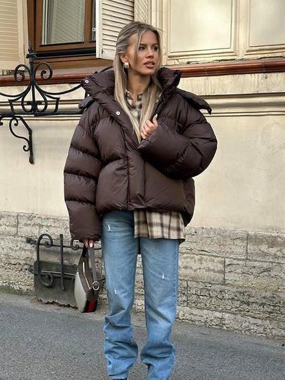 Jacket Short Women's Cotton Hooded Marron - High Neck Long Sleeve Fall Winter