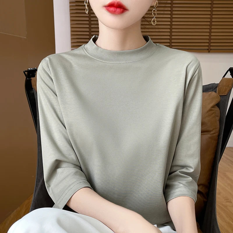 T-Shirt Women's 100% Cotton Mock Neck Short Sleeve - Loose Summer Fall