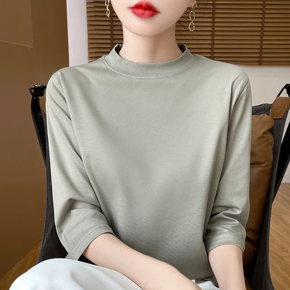 T-Shirt Women's 100% Cotton Mock Neck Short Sleeve - Loose Summer Fall