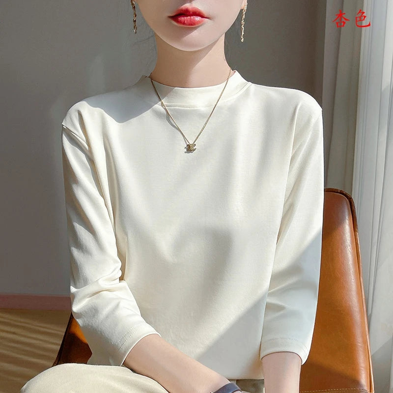 T-Shirt Women's 100% Cotton Mock Neck Short Sleeve - Loose Summer Fall