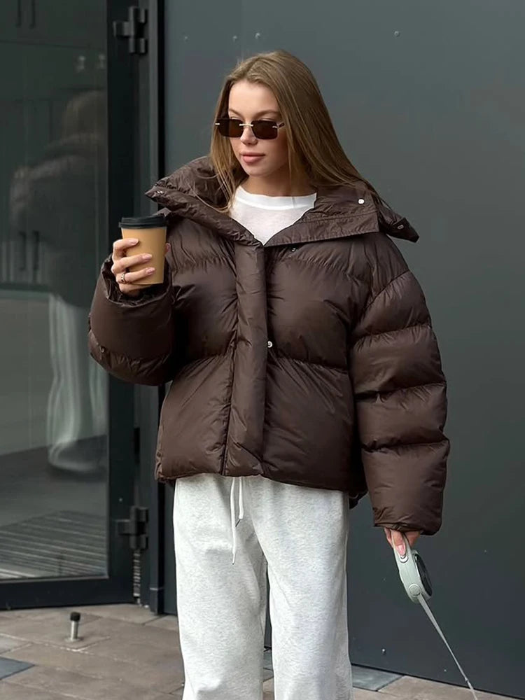 Jacket Short Women's Cotton Hooded Marron - High Neck Long Sleeve Fall Winter