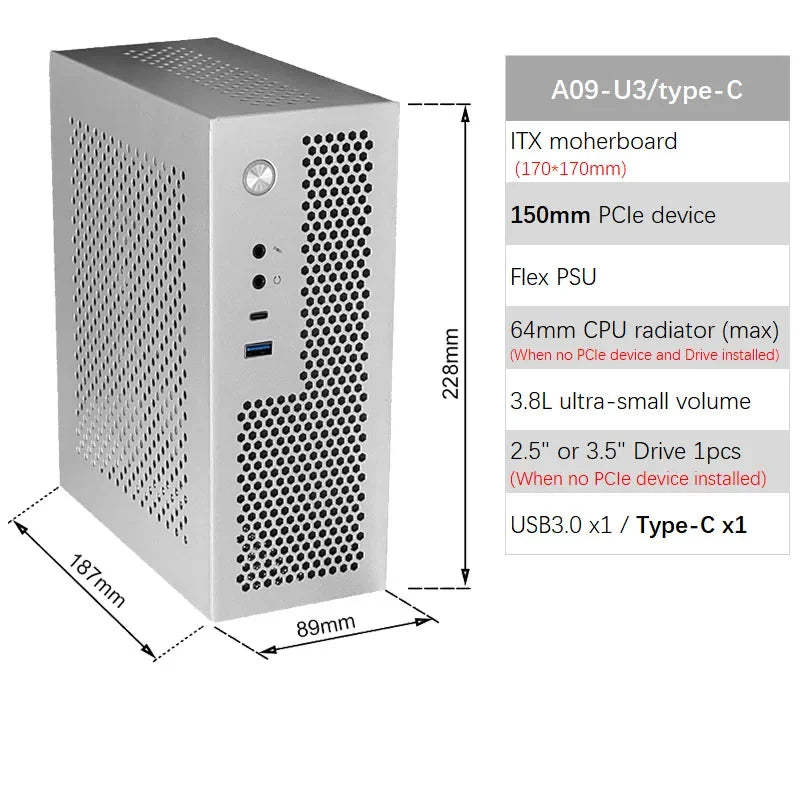 ITX Case A09 3.8L Mini PC HTPC - Holder PCIe SSD 2.5'' Portable