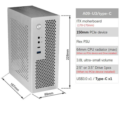ITX Case A09 3.8L Mini PC HTPC - Holder PCIe SSD 2.5'' Portable