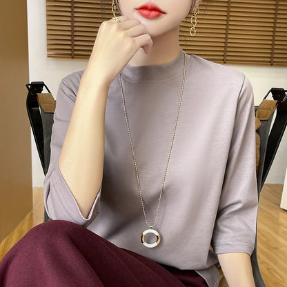 T-Shirt Women's 100% Cotton Mock Neck Short Sleeve - Loose Summer Fall