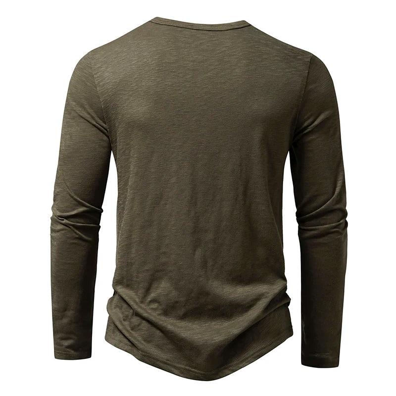 Henley T-Shirt Men's Cotton Long Sleeve - Button Collar Casual Breathable