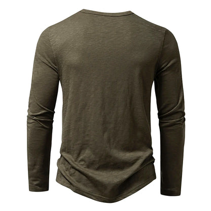 Henley T-Shirt Men's Cotton Long Sleeve - Button Collar Casual Breathable