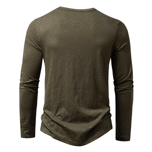 Henley T-Shirt Men's Cotton Long Sleeve - Button Collar Casual Breathable