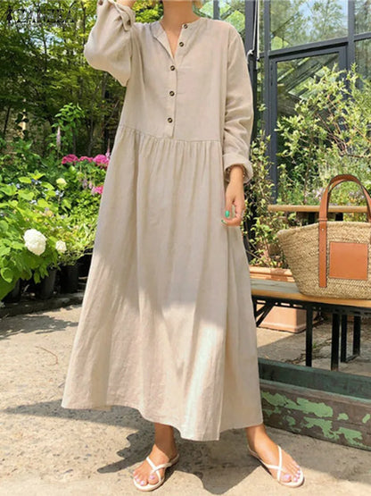 Dress Maxi Women's Cotton Bohemian ZANZEA - Shirt Long Long Sleeve Fall
