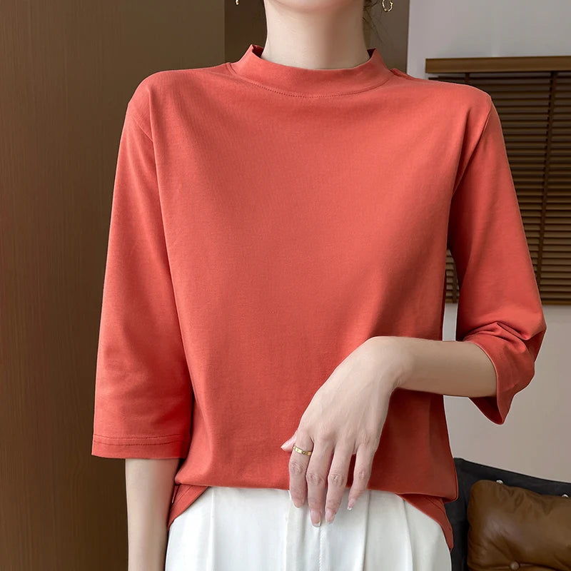 T-Shirt Women's 100% Cotton Mock Neck Short Sleeve - Loose Summer Fall