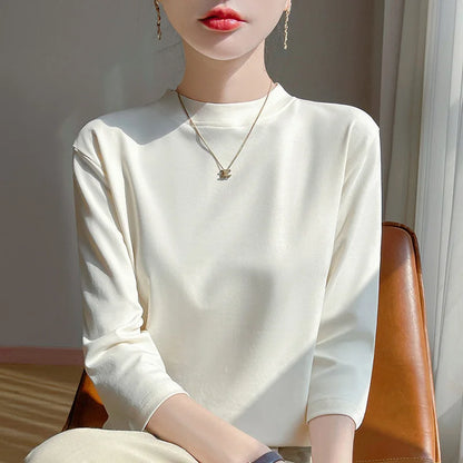 T-Shirt Women's 100% Cotton Mock Neck Short Sleeve - Loose Summer Fall
