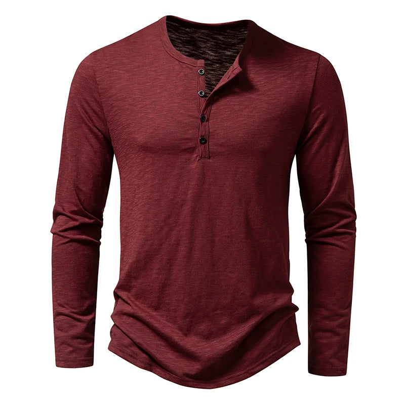Henley T-Shirt Men's Cotton Long Sleeve - Button Collar Casual Breathable